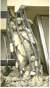 Damage of circular column due to lack of transverse reinforcement.